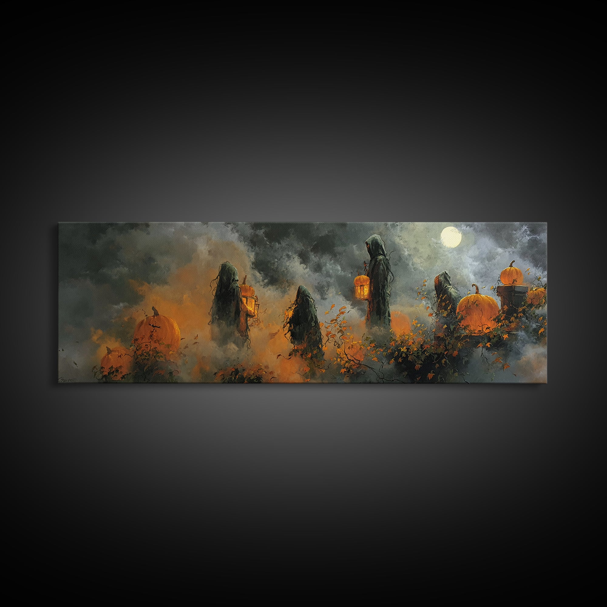 The Pumpkin-Winged Angel - Procession Scene, Macabre Halloween Art, Extra Wide Wall Art, Framed Canvas Print, Halloween Home Decor