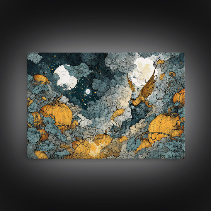 The Pumpkin-Winged Angel - Surreal Celestial Vision, Spooky Wall Decor, Landscape Wall Art, Framed Canvas Print, Halloween Home Decor