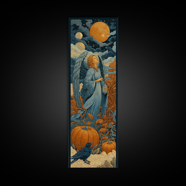 The Pumpkin-Winged Angel - Surreal Celestial Vision, Spooky Wall Decor, Tall Narrow Wall Art, Framed Canvas Print, Halloween Home Decor