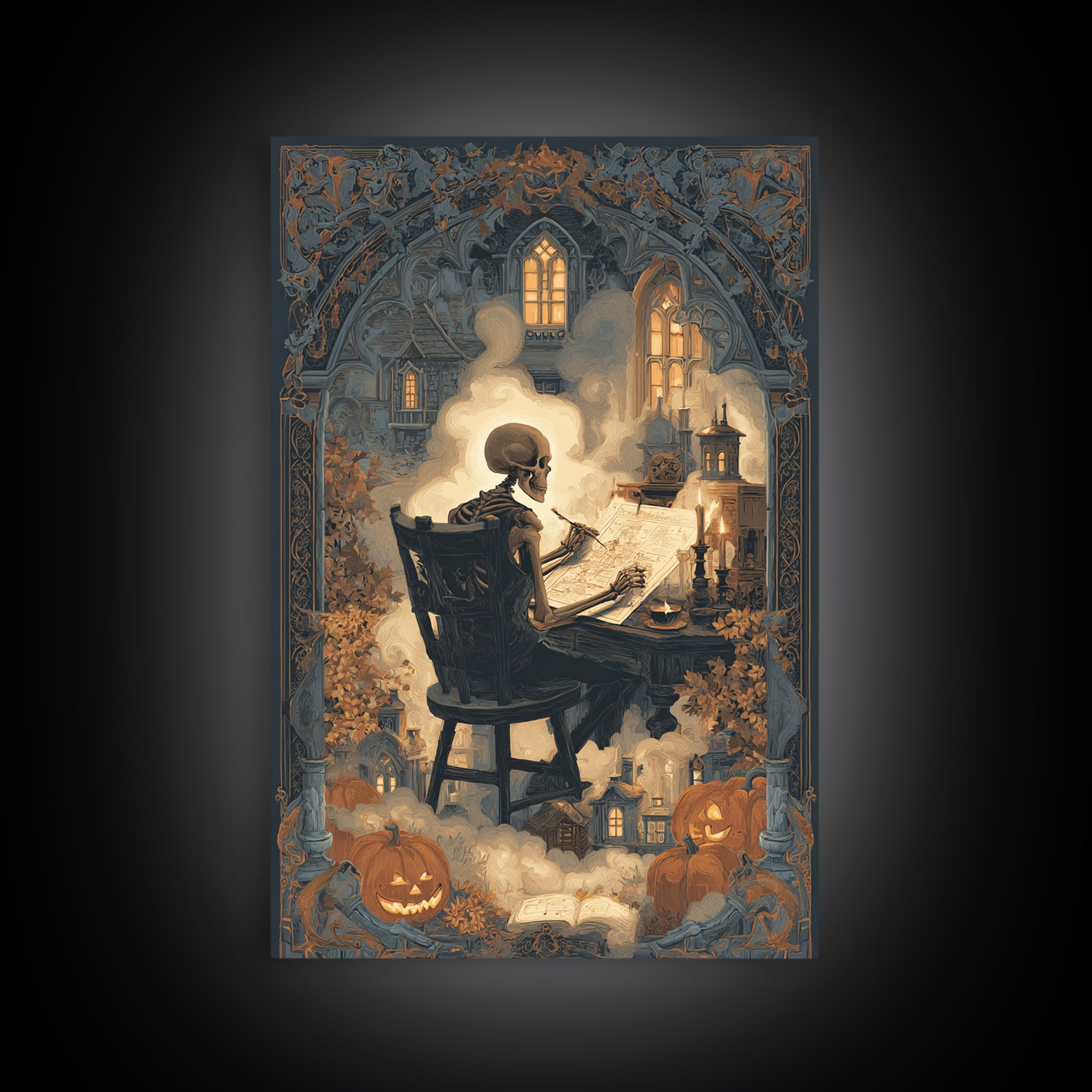 The Skeleton Cartographer - Icon Portrait, Halloween Wall Art, Vertical Wall Art, Framed Canvas Print, Halloween Home Decor, Gothic Wall Art
