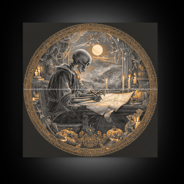 The Skeleton Cartographer - Icon Portrait, Macabre Halloween Art, Square Wall Art, Framed Canvas Print, Halloween Home Decor