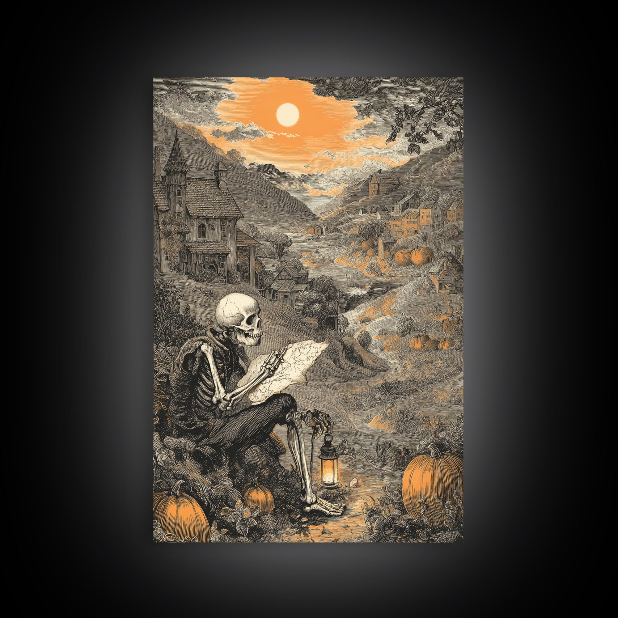 The Skeleton Cartographer - Environmental Panorama, Gothic Home Decor, Vertical Wall Art, Canvas Print, Halloween Home Decor