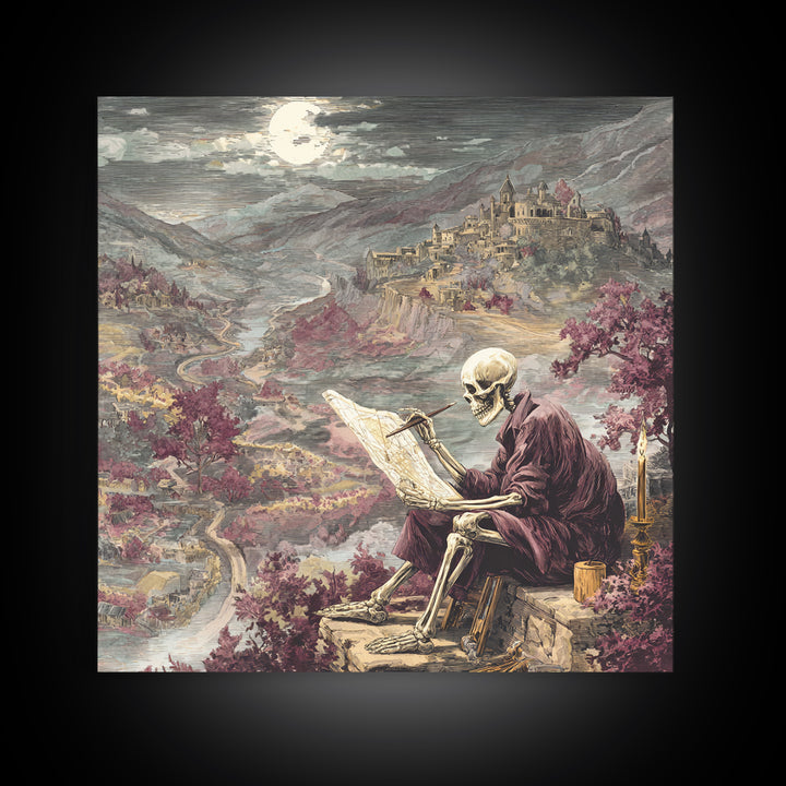 The Skeleton Cartographer - Environmental Panorama, Halloween Wall Art, Square Wall Art, Framed Canvas Print, Halloween Home Decor