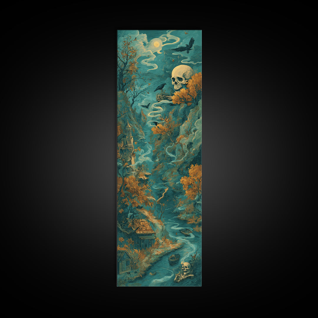 The Skeleton Cartographer - Environmental Panorama, Dark Fantasy Wall Art, Tall Narrow Wall Art, Canvas Print, Halloween Home Decor