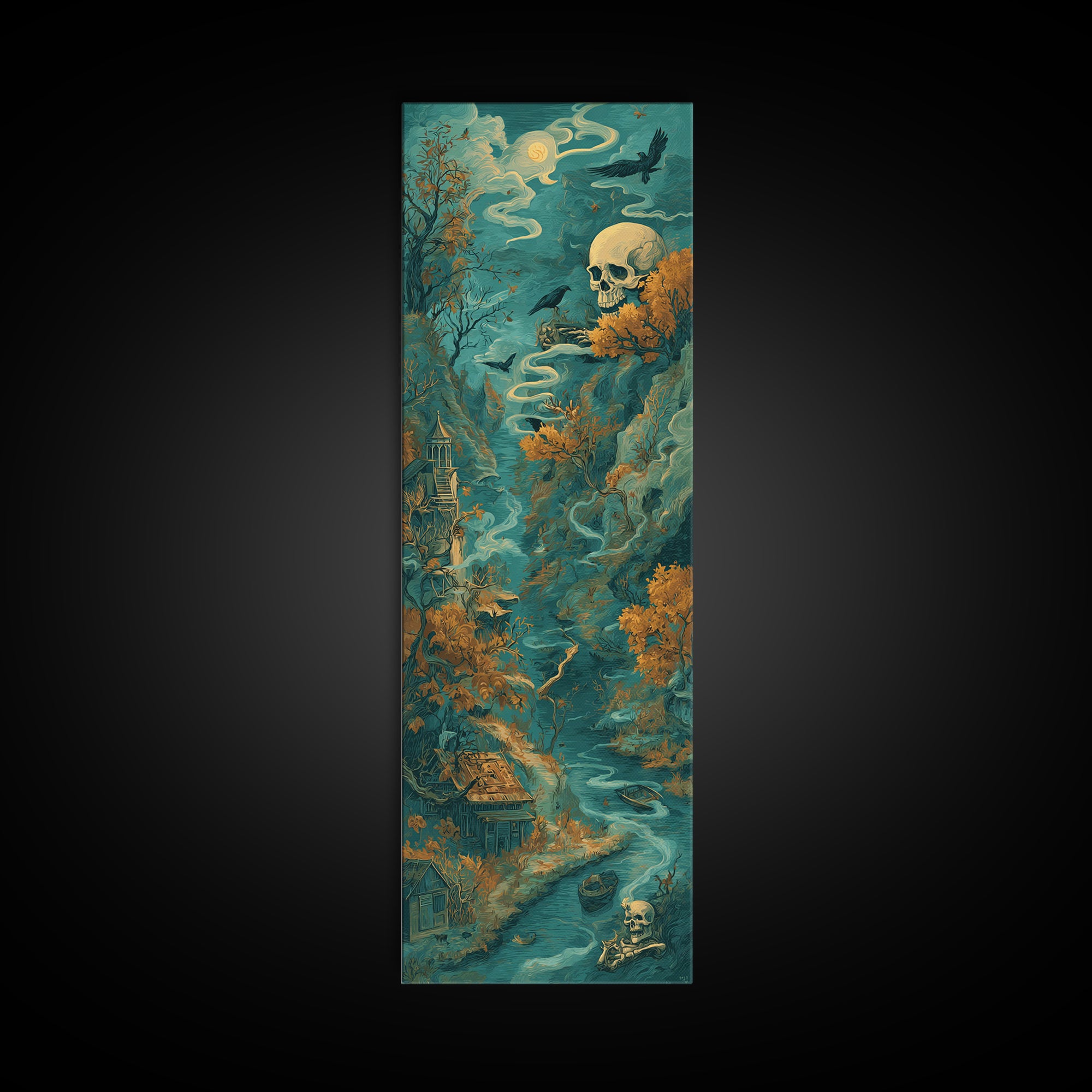 The Skeleton Cartographer - Environmental Panorama, Dark Fantasy Wall Art, Tall Narrow Wall Art, Canvas Print, Halloween Home Decor