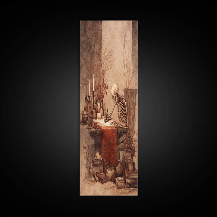 The Skeleton Cartographer - Occult Still Life, Macabre Halloween Art, Vertical Wall Art, Framed Canvas Print, Halloween Home Decor