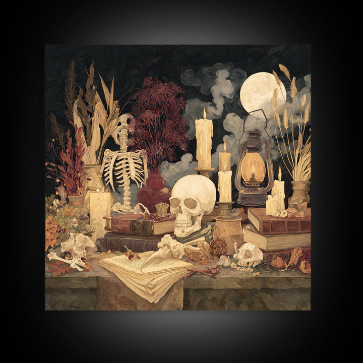 The Skeleton Cartographer - Occult Still Life, Macabre Halloween Art, Square Wall Art, Framed Canvas Print, Halloween Home Decor