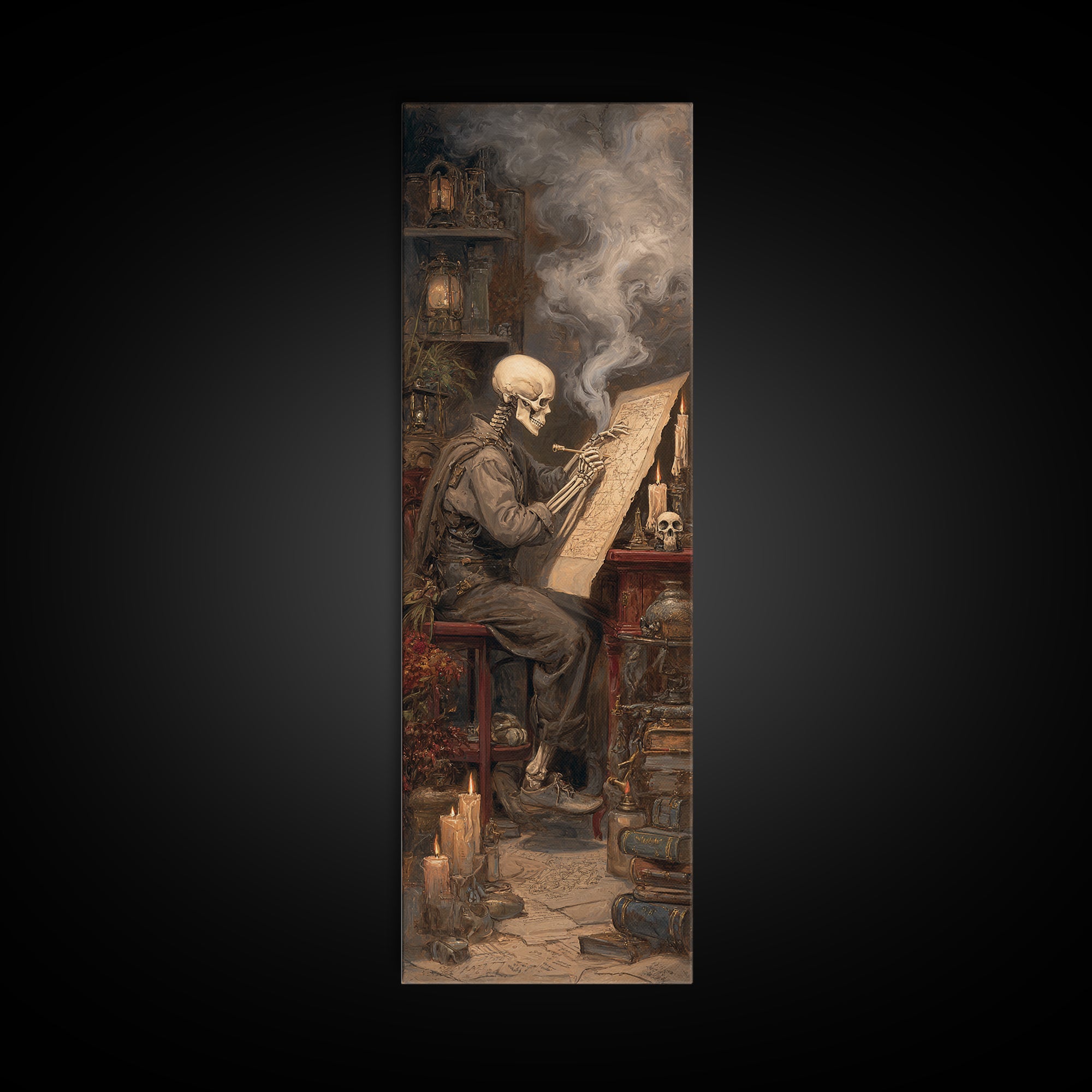 The Skeleton Cartographer - Occult Still Life, Halloween Wall Art, Tall Narrow Wall Art, Framed Canvas Print, Halloween Home Decor