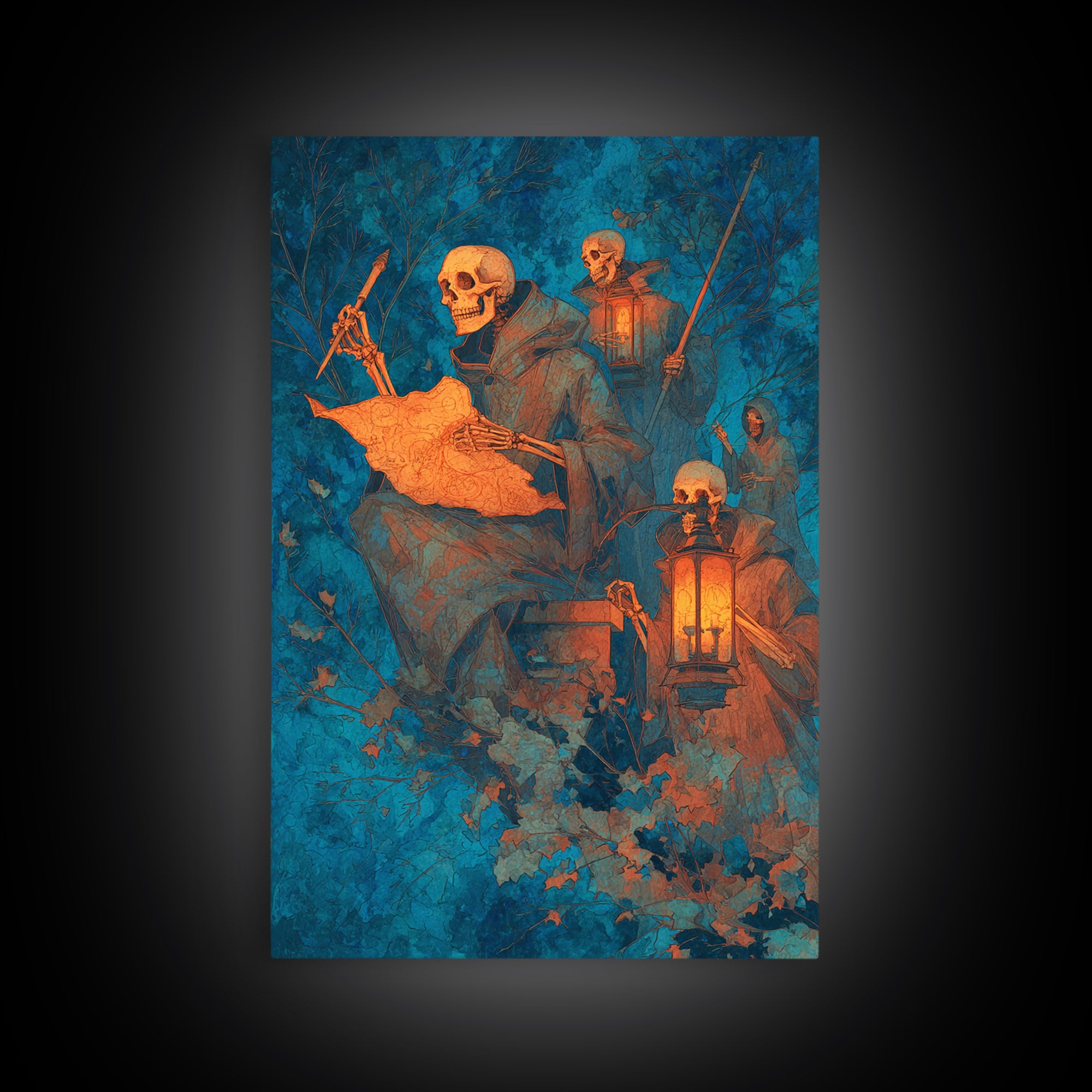 The Skeleton Cartographer - Procession Scene, Dark Fantasy Wall Art, Vertical Wall Art, Canvas Print, Halloween Home Decor, Gothic Wall Art