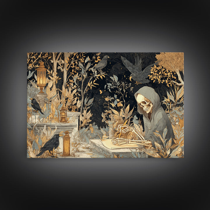 The Skeleton Cartographer - Procession Scene, Halloween Wall Art, Landscape Wall Art, Framed Canvas Print, Halloween Home Decor