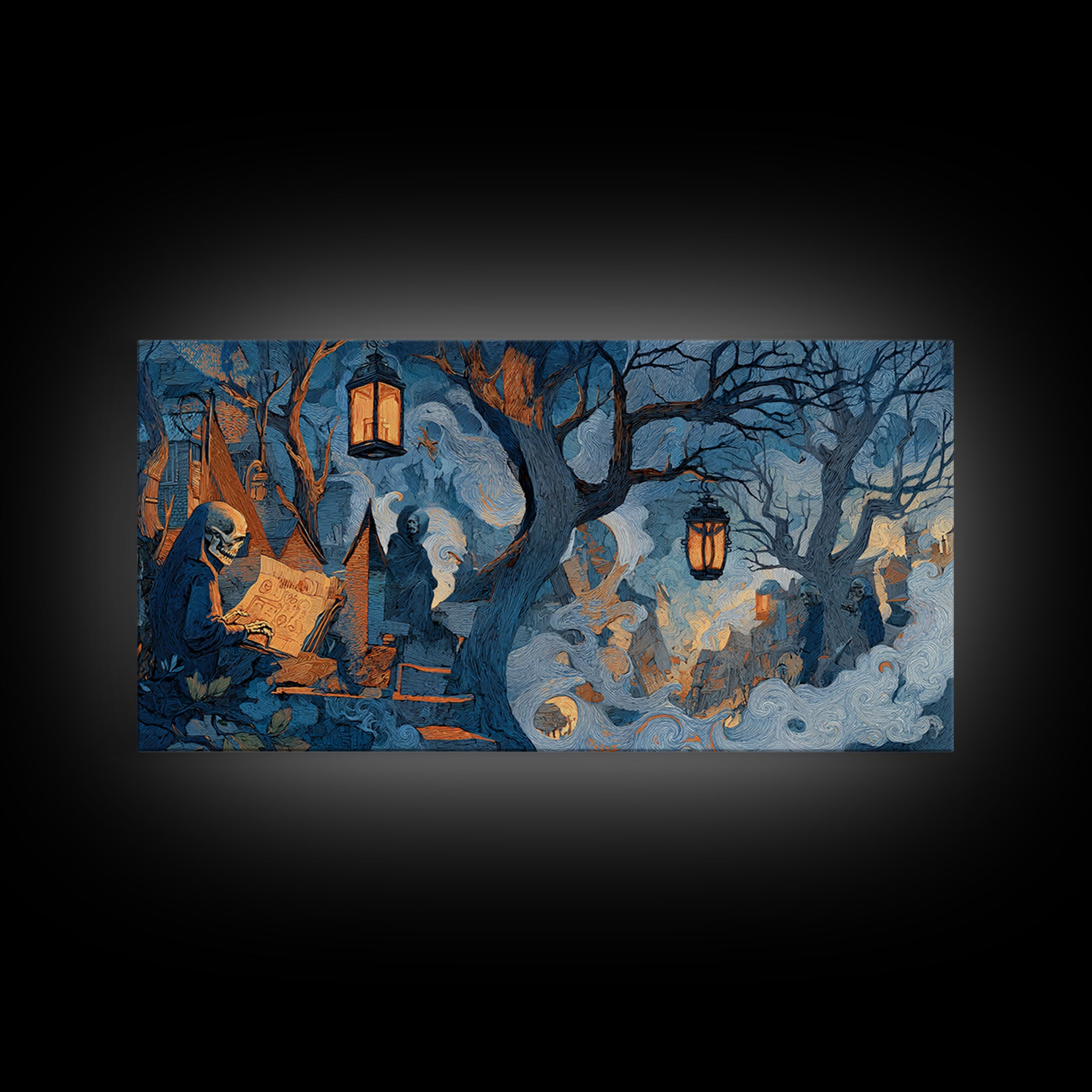 The Skeleton Cartographer - Procession Scene, Macabre Halloween Art, Wide Panoramic Art, Framed Canvas Print, Halloween Home Decor