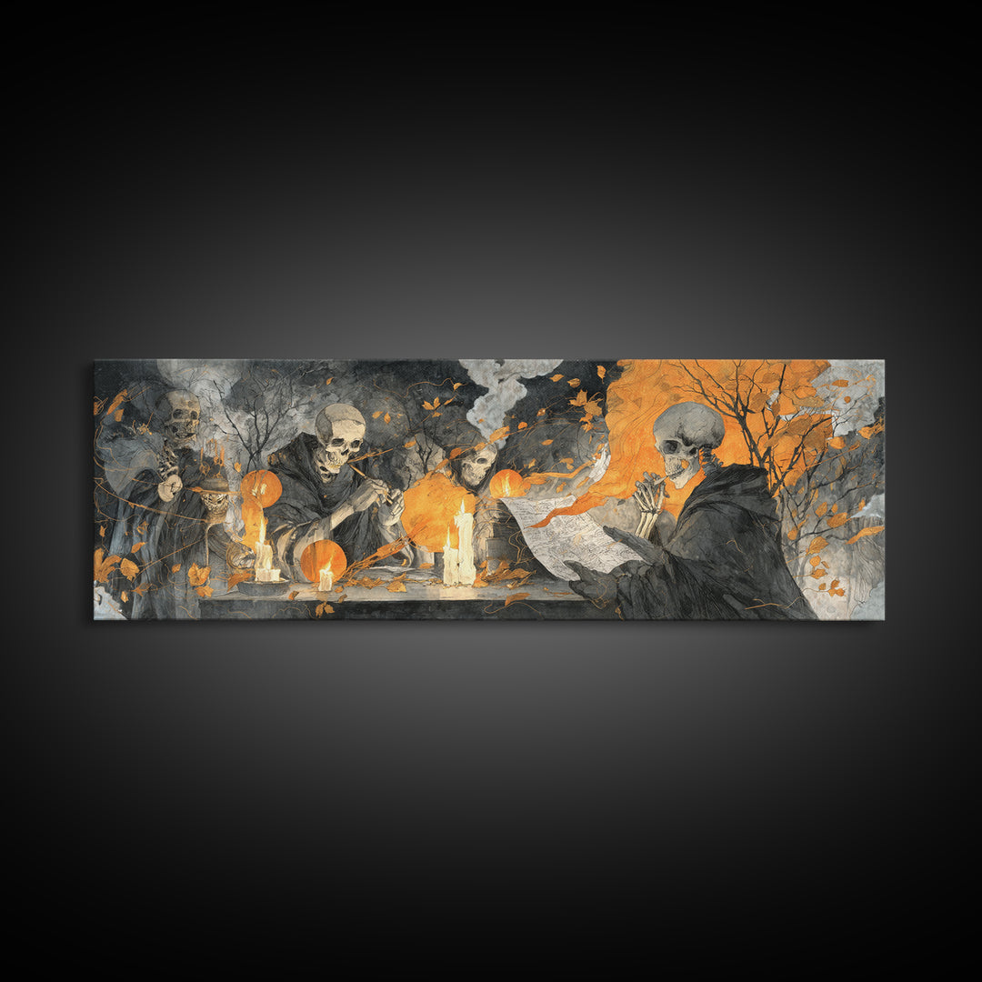 The Skeleton Cartographer - Procession Scene, Gothic Home Decor, Extra Wide Wall Art, Canvas Print, Halloween Home Decor, Gothic Wall Art