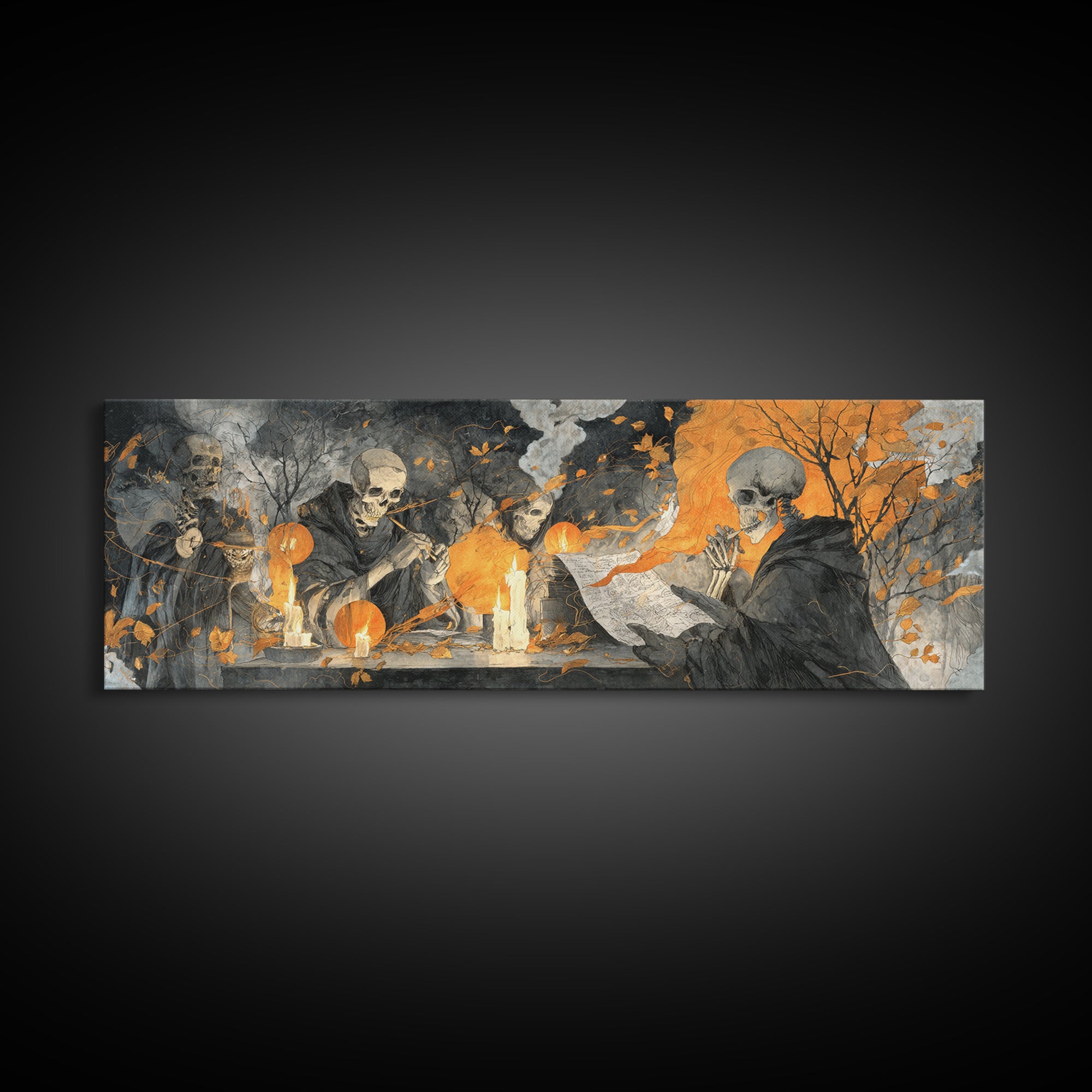 The Skeleton Cartographer - Procession Scene, Gothic Home Decor, Extra Wide Wall Art, Canvas Print, Halloween Home Decor, Gothic Wall Art