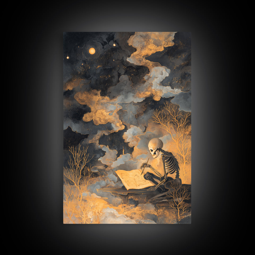 The Skeleton Cartographer - Surreal Celestial Vision, Gothic Home Decor, Vertical Wall Art, Canvas Print, Halloween Home Decor