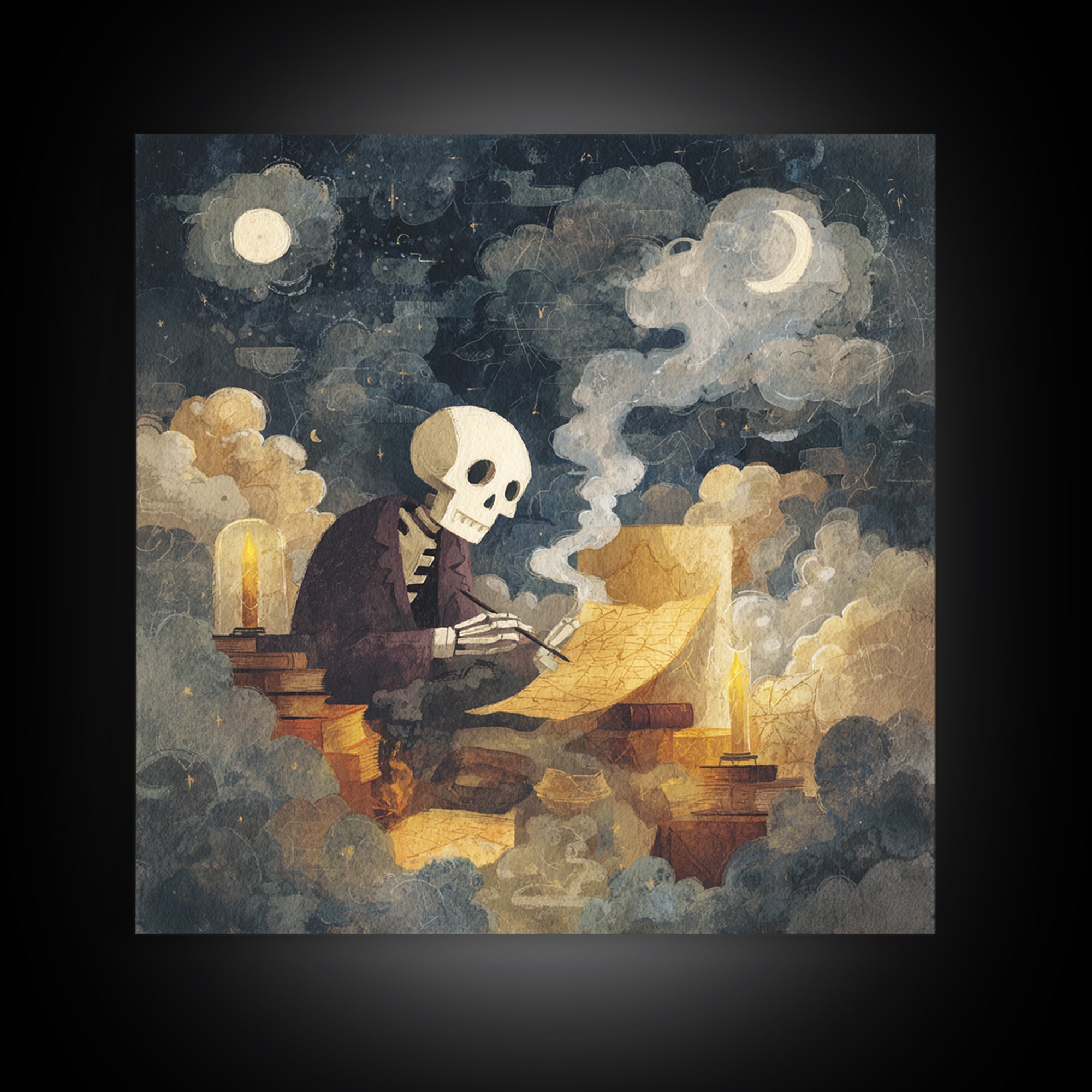 The Skeleton Cartographer - Surreal Celestial Vision, Macabre Halloween Art, Square Wall Art, Framed Canvas Print, Halloween Home Decor