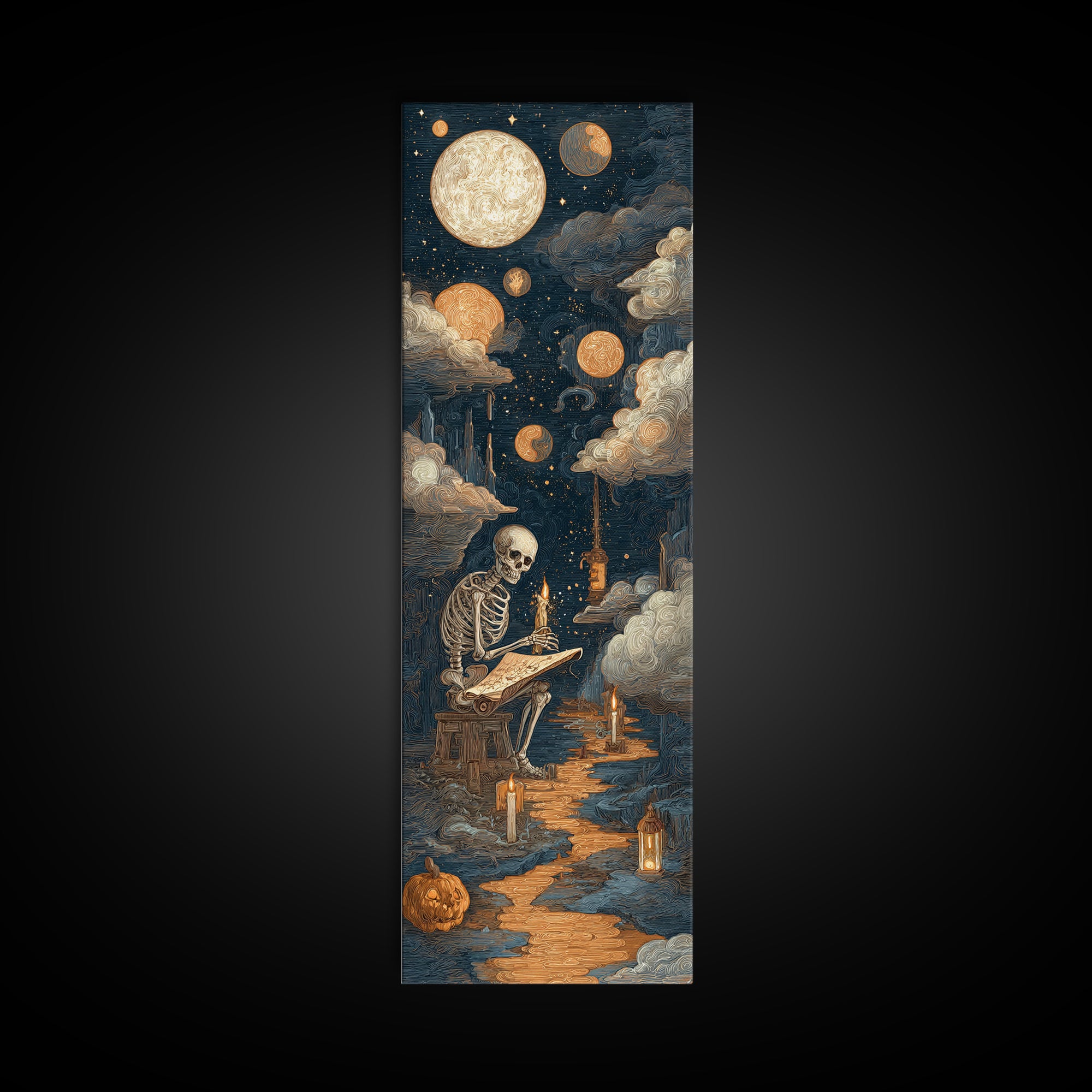 The Skeleton Cartographer - Surreal Celestial Vision, Halloween Wall Art, Tall Narrow Wall Art, Framed Canvas Print, Halloween Home Decor