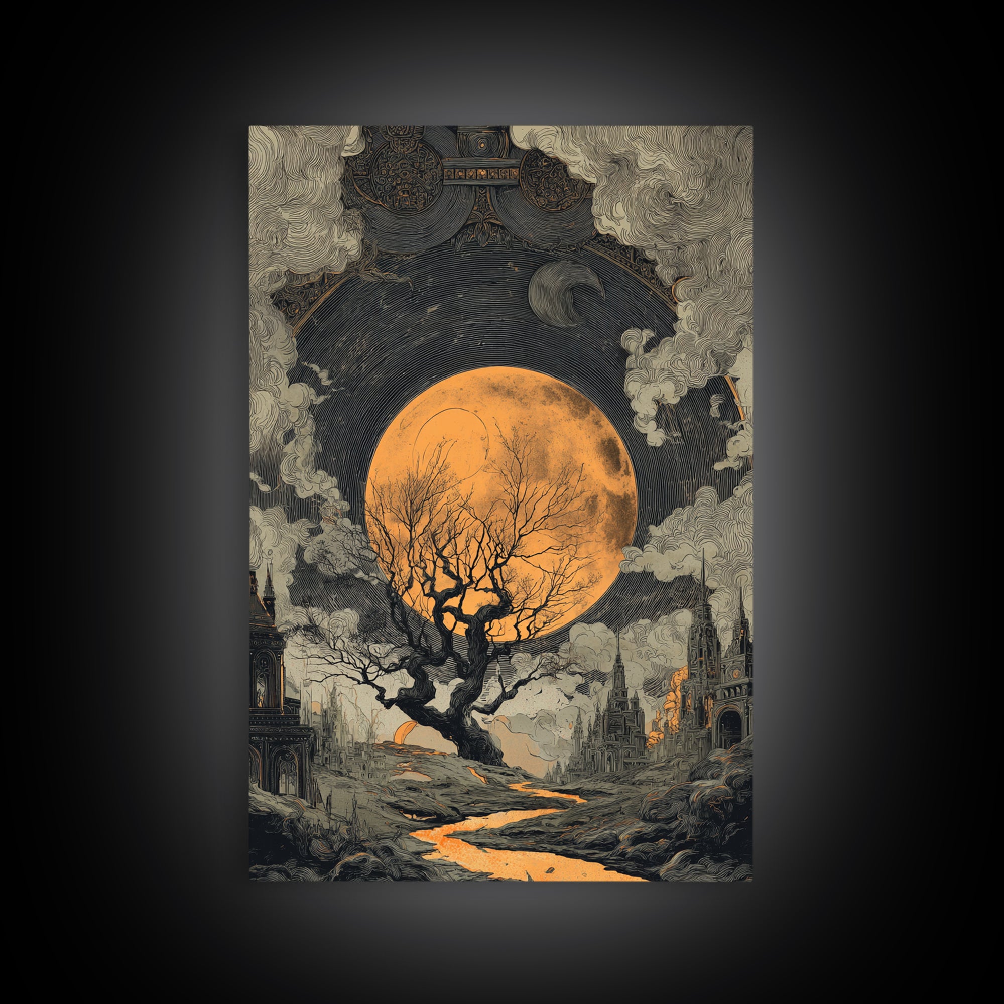 The Witch Astronomical Cabinet - Environmental Panorama, Macabre Halloween Art, Vertical Wall Art, Framed Canvas Print, Halloween Home Decor
