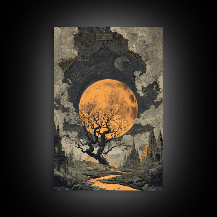 The Witch Astronomical Cabinet - Environmental Panorama, Macabre Halloween Art, Vertical Wall Art, Framed Canvas Print, Halloween Home Decor