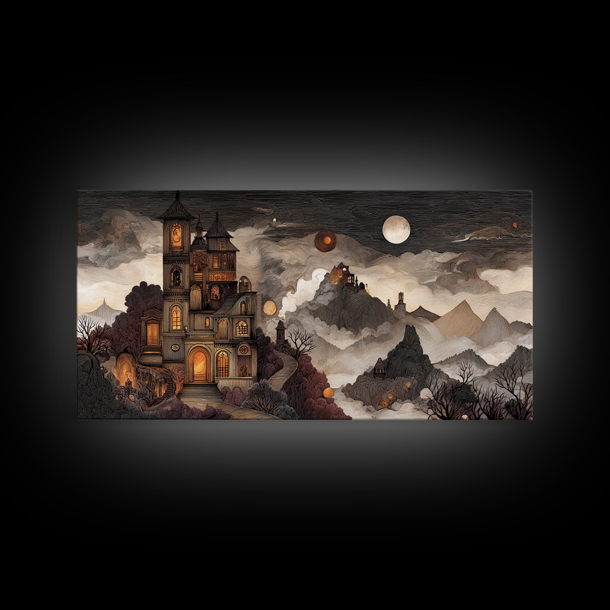 The Witch Astronomical Cabinet - Environmental Panorama, Halloween Wall Art, Wide Panoramic Art, Framed Canvas Print, Halloween Home Decor