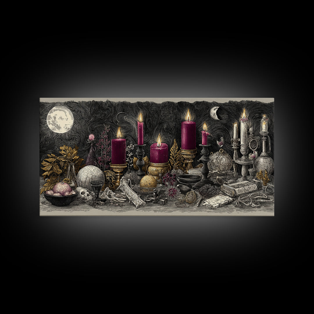 The Witch Astronomical Cabinet - Occult Still Life, Macabre Halloween Art, Wide Panoramic Art, Framed Canvas Print, Halloween Home Decor