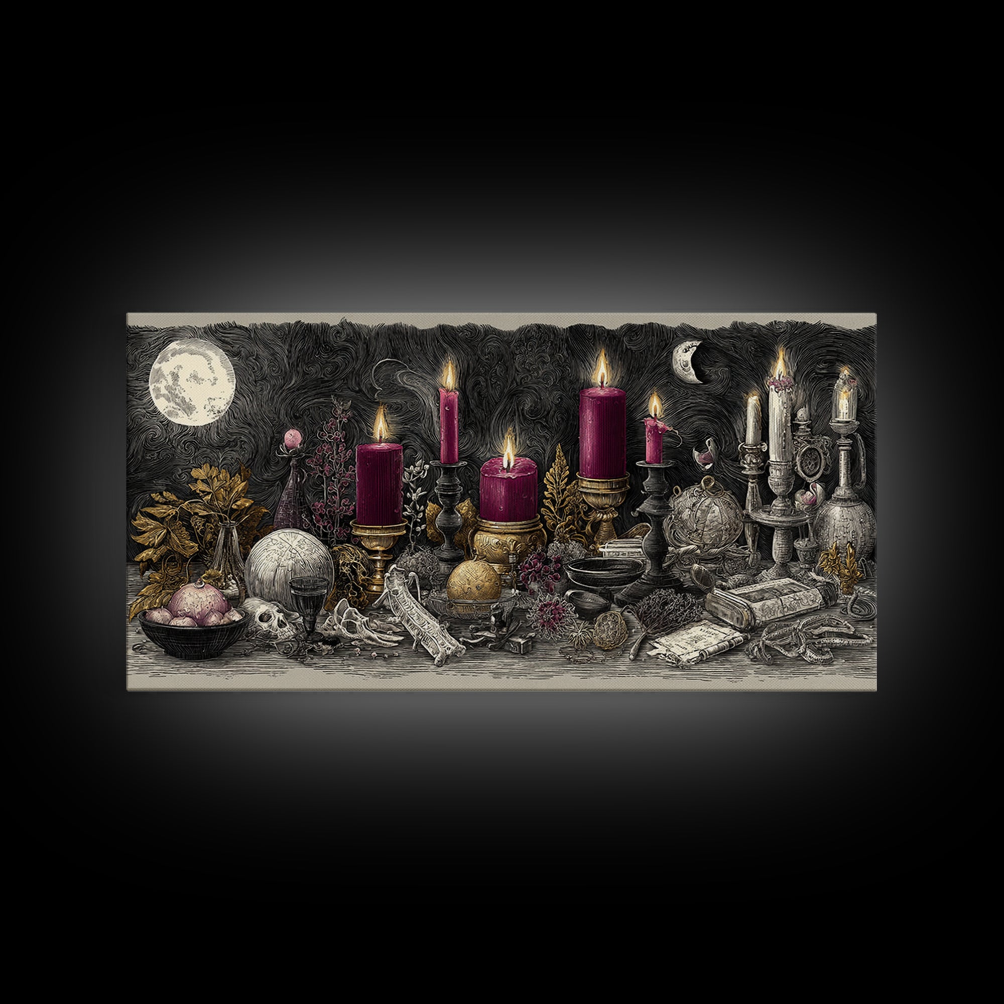 The Witch Astronomical Cabinet - Occult Still Life, Macabre Halloween Art, Wide Panoramic Art, Framed Canvas Print, Halloween Home Decor