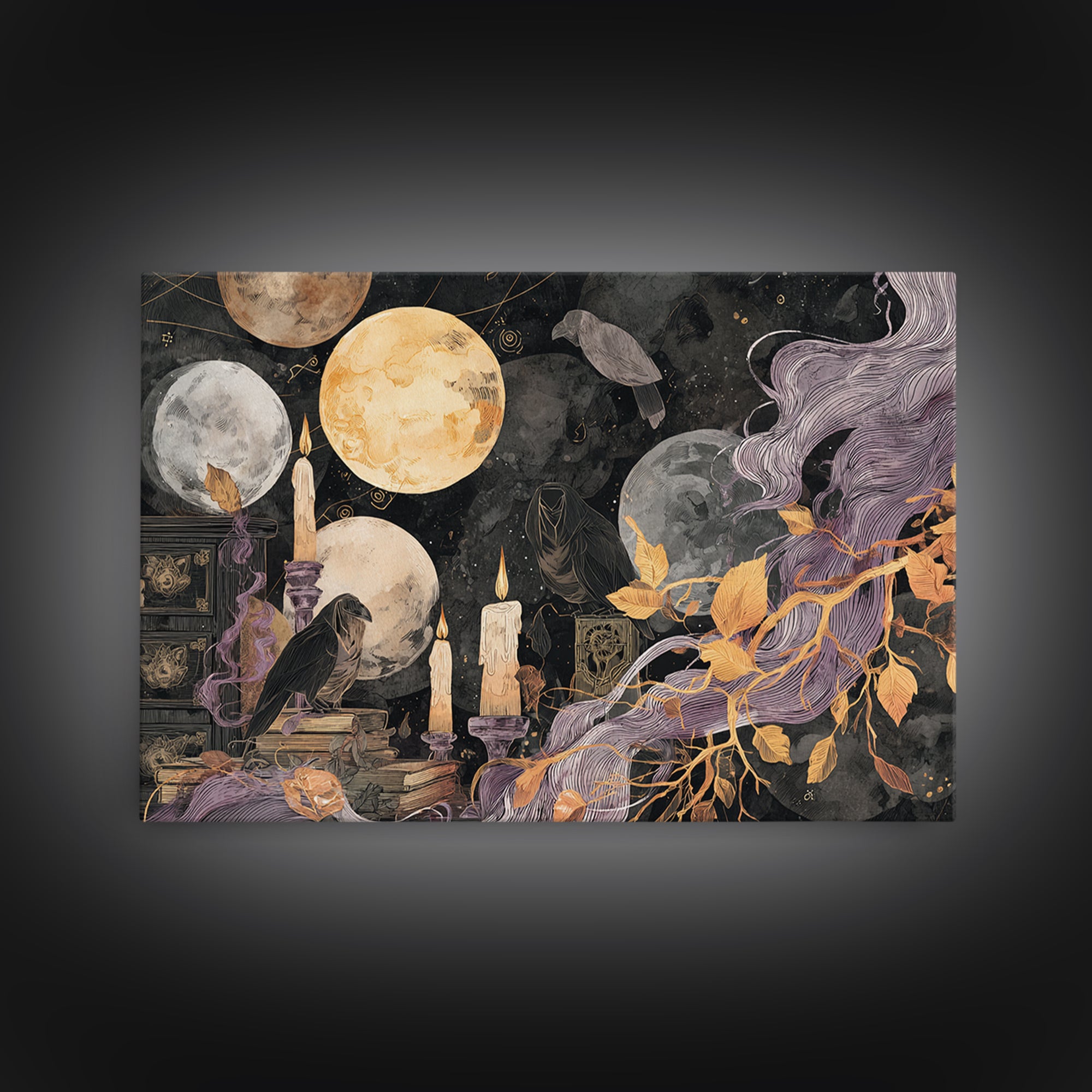 The Witch Astronomical Cabinet - Procession Scene, Spooky Wall Decor, Landscape Wall Art, Framed Canvas Print, Halloween Home Decor