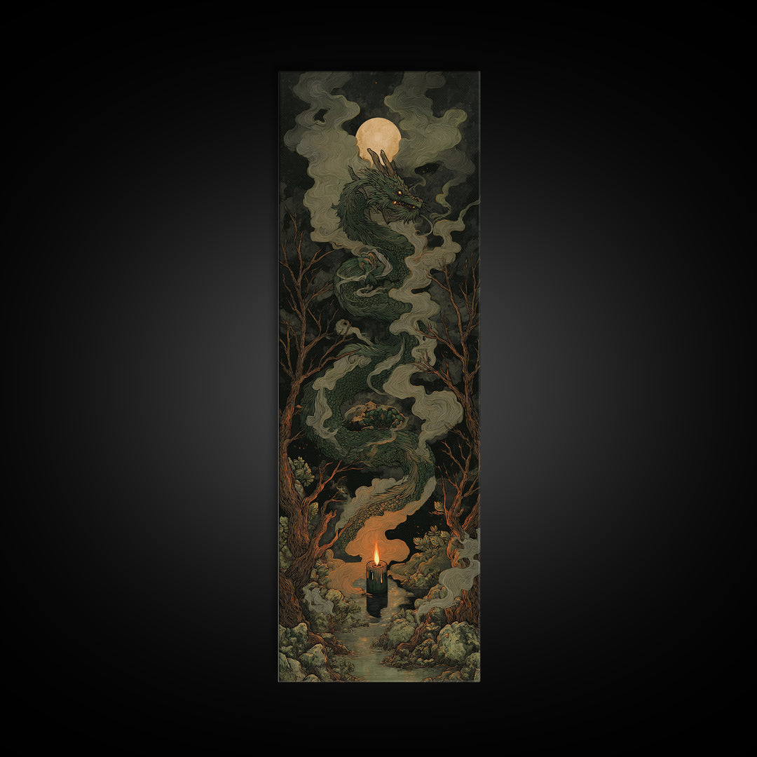 The Candle Smoke Dragon - Icon Portrait, Dark Fantasy Wall Art, Tall Narrow Wall Art, Canvas Print, Halloween Home Decor, Gothic Wall Art