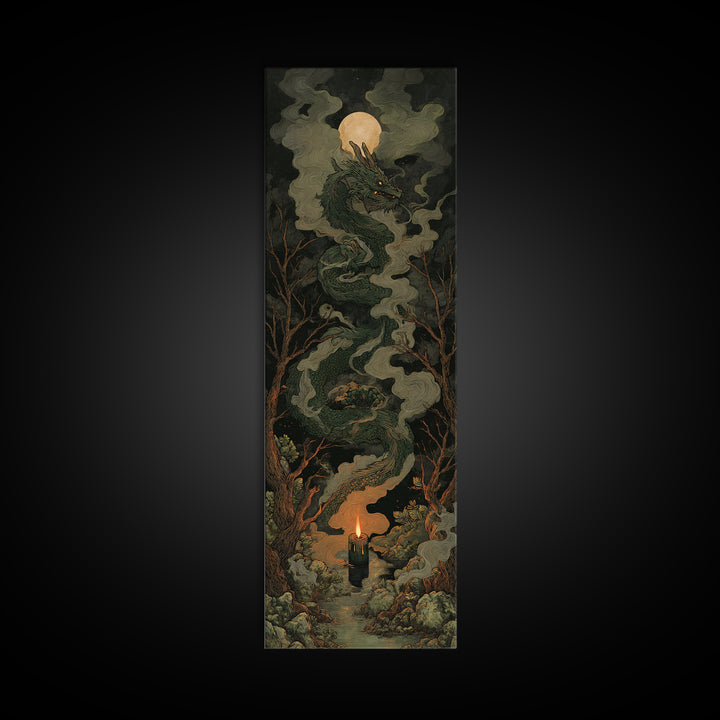 The Candle Smoke Dragon - Icon Portrait, Dark Fantasy Wall Art, Tall Narrow Wall Art, Canvas Print, Halloween Home Decor, Gothic Wall Art