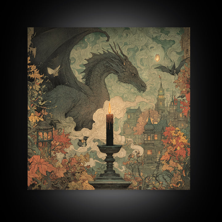 The Candle Smoke Dragon - Environmental Panorama, Gothic Home Decor, Square Wall Art, Canvas Print, Halloween Home Decor, Gothic Wall Art