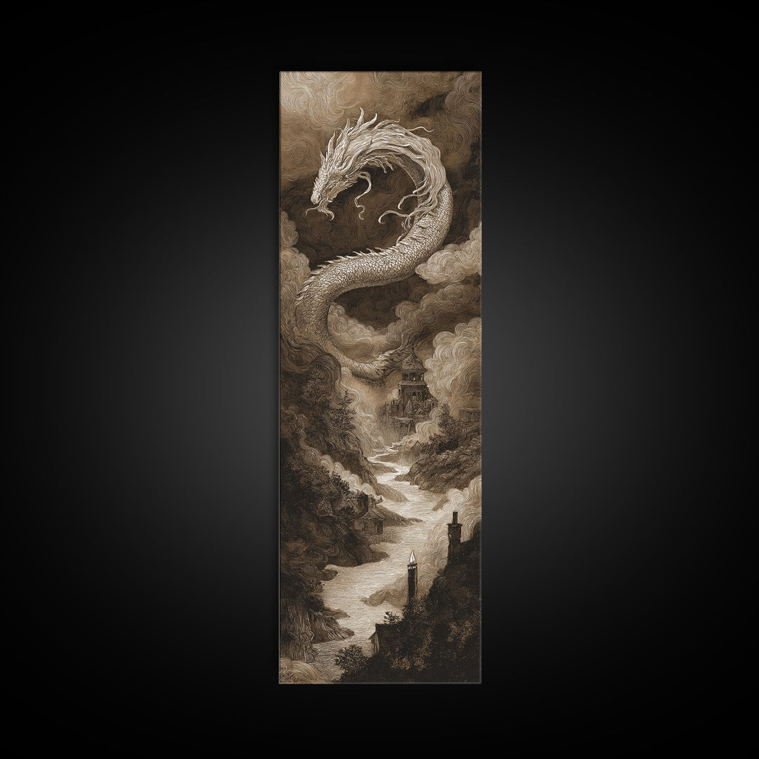 The Candle Smoke Dragon - Environmental Panorama, Macabre Halloween Art, Tall Narrow Wall Art, Framed Canvas Print, Halloween Home Decor