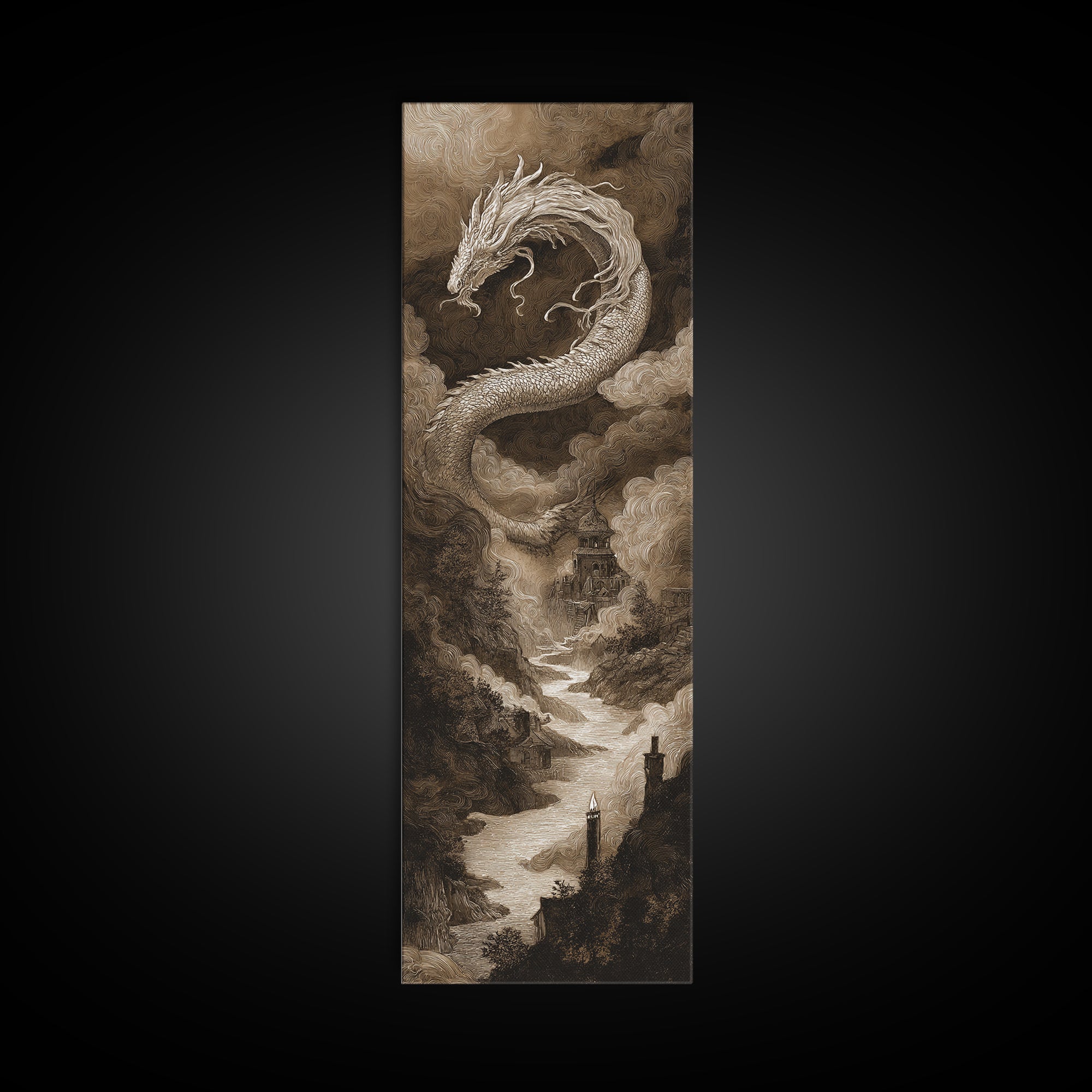 The Candle Smoke Dragon - Environmental Panorama, Macabre Halloween Art, Tall Narrow Wall Art, Framed Canvas Print, Halloween Home Decor
