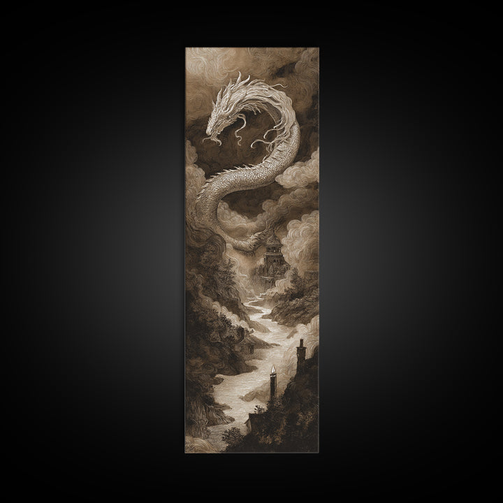 The Candle Smoke Dragon - Environmental Panorama, Macabre Halloween Art, Tall Narrow Wall Art, Framed Canvas Print, Halloween Home Decor