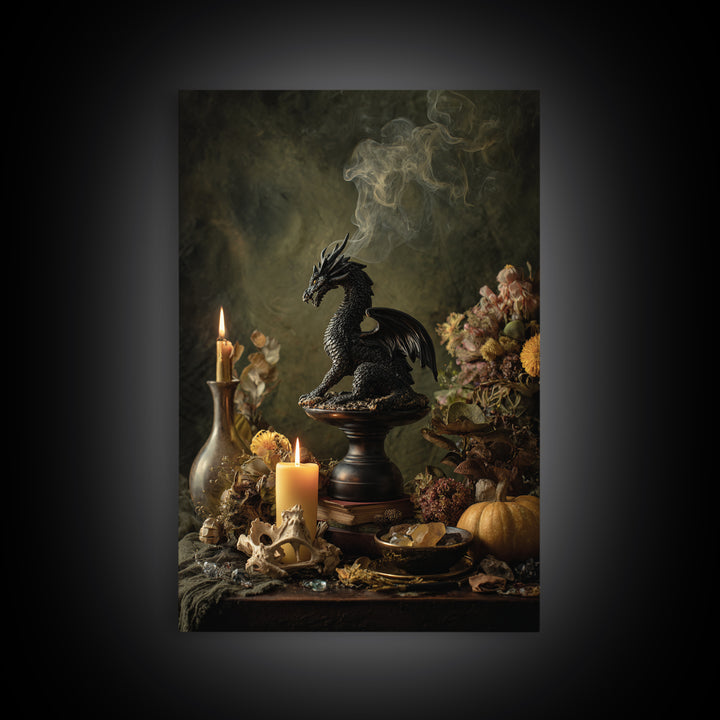 The Candle Smoke Dragon - Occult Still Life, Spooky Wall Decor, Vertical Wall Art, Framed Canvas Print, Halloween Home Decor