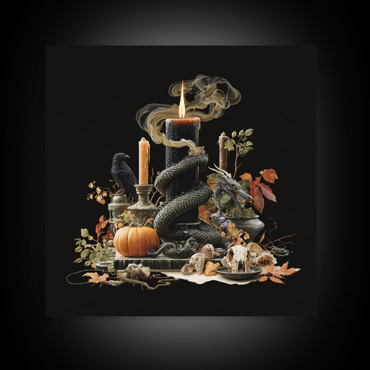 The Candle Smoke Dragon - Occult Still Life, Spooky Wall Decor, Square Wall Art, Framed Canvas Print, Halloween Home Decor, Gothic Wall Art