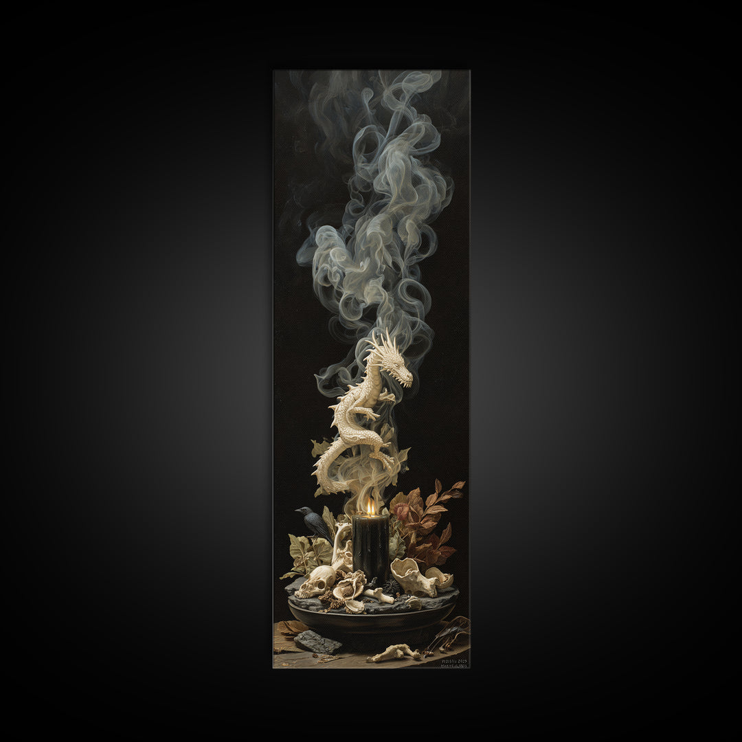 The Candle Smoke Dragon - Occult Still Life, Dark Fantasy Wall Art, Tall Narrow Wall Art, Canvas Print, Halloween Home Decor