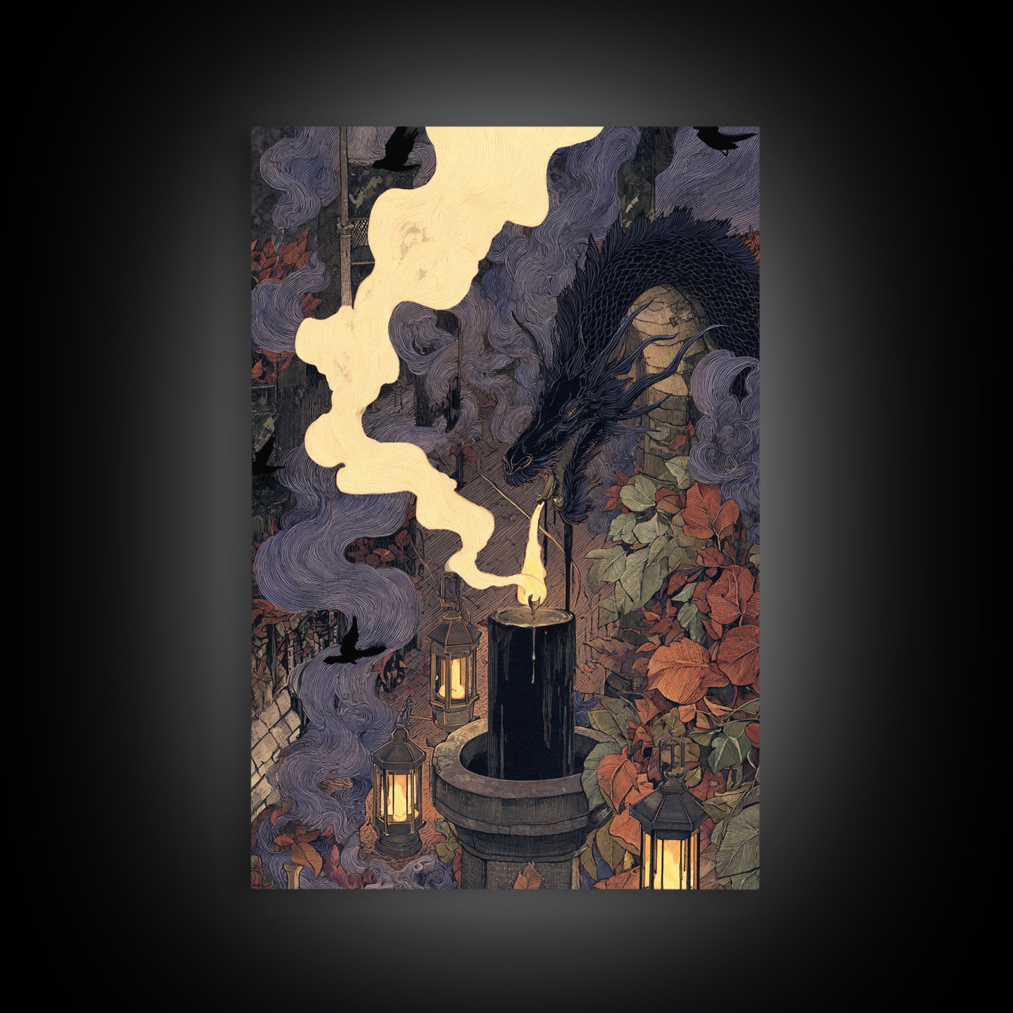 The Candle Smoke Dragon - Procession Scene, Occult Wall Decor, Vertical Wall Art, Canvas Print, Halloween Home Decor, Gothic Wall Art