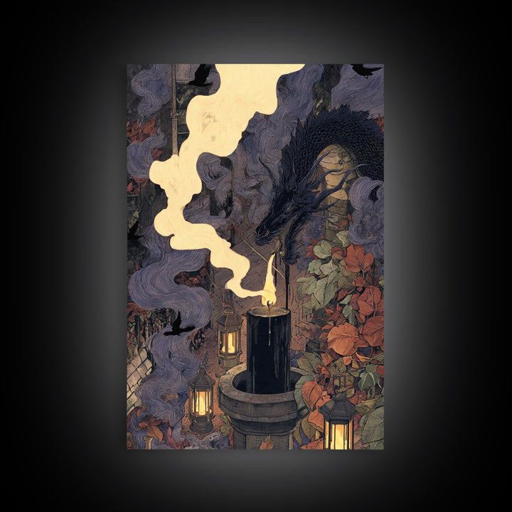 The Candle Smoke Dragon - Procession Scene, Occult Wall Decor, Vertical Wall Art, Canvas Print, Halloween Home Decor, Gothic Wall Art