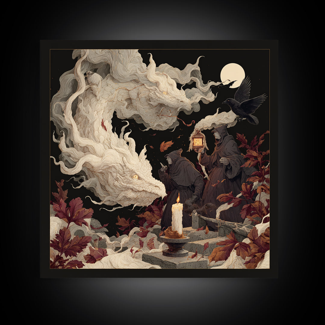 The Candle Smoke Dragon - Procession Scene, Spooky Wall Decor, Square Wall Art, Framed Canvas Print, Halloween Home Decor, Gothic Wall Art