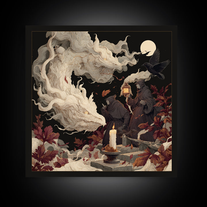 The Candle Smoke Dragon - Procession Scene, Spooky Wall Decor, Square Wall Art, Framed Canvas Print, Halloween Home Decor, Gothic Wall Art