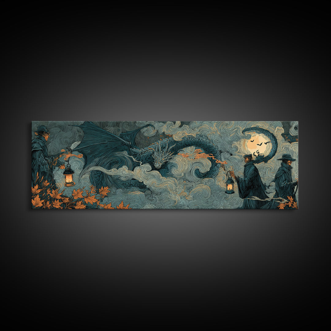 The Candle Smoke Dragon - Procession Scene, Halloween Wall Art, Extra Wide Wall Art, Framed Canvas Print, Halloween Home Decor