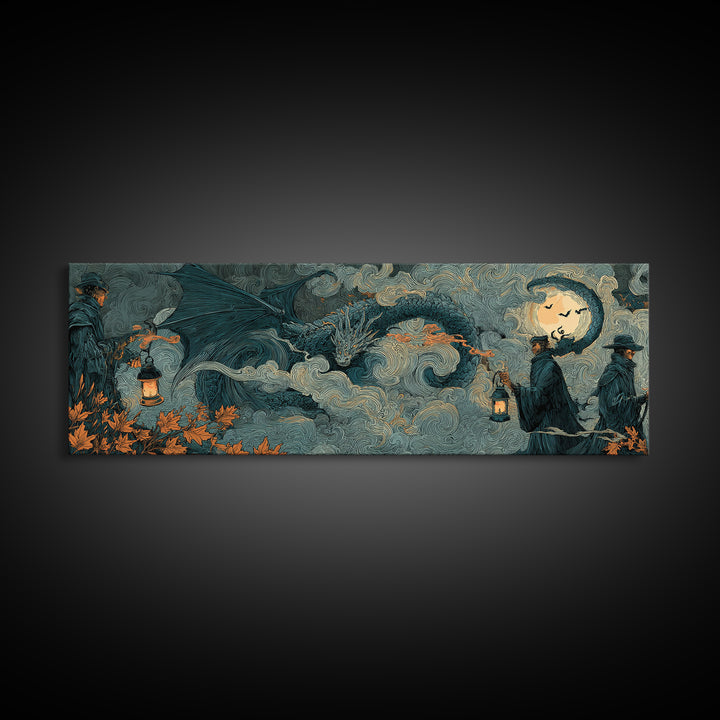 The Candle Smoke Dragon - Procession Scene, Halloween Wall Art, Extra Wide Wall Art, Framed Canvas Print, Halloween Home Decor