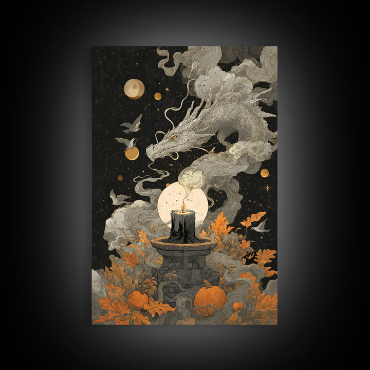 The Candle Smoke Dragon - Surreal Celestial Vision, Dark Fantasy Wall Art, Vertical Wall Art, Canvas Print, Halloween Home Decor