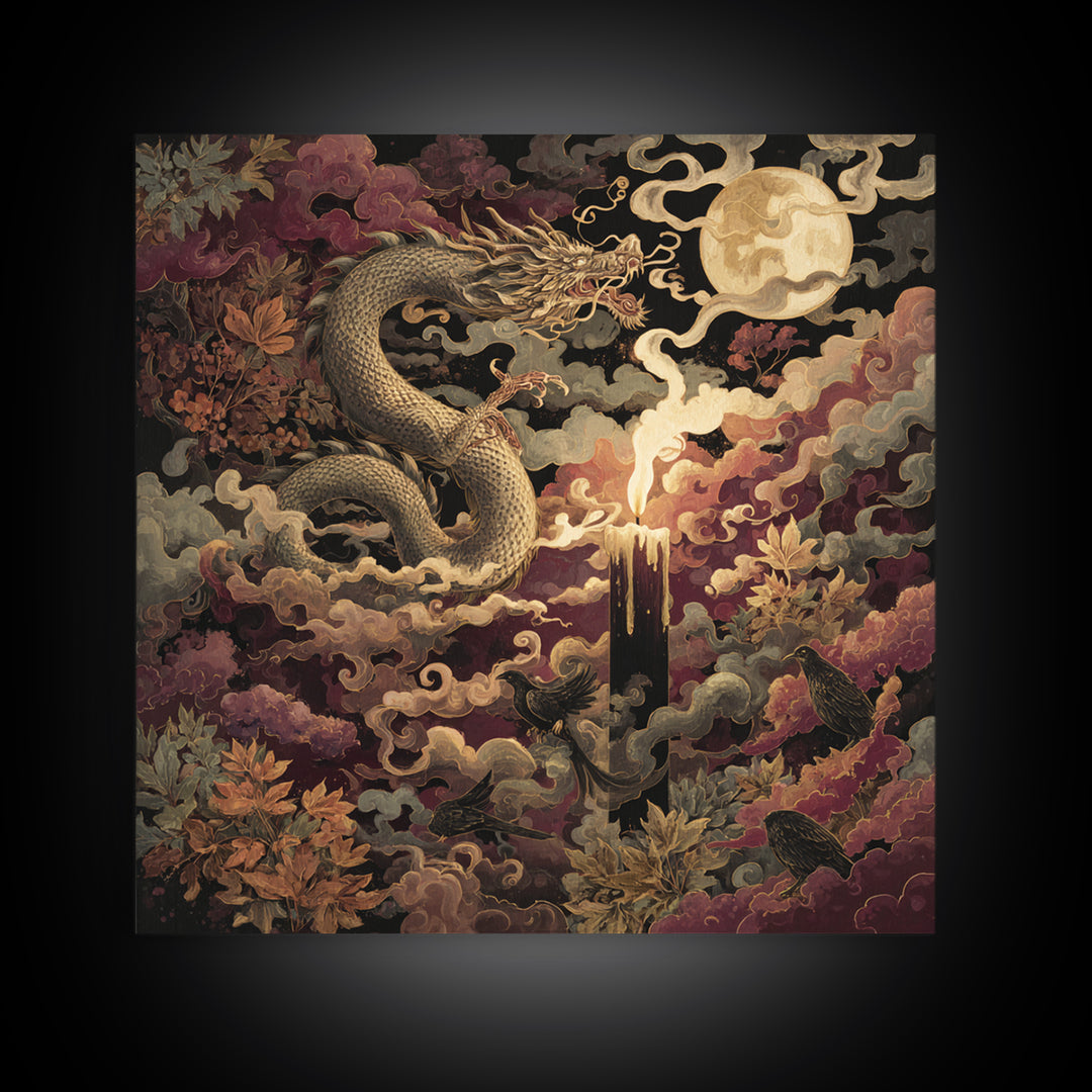 The Candle Smoke Dragon - Surreal Celestial Vision, Macabre Halloween Art, Square Wall Art, Framed Canvas Print, Halloween Home Decor