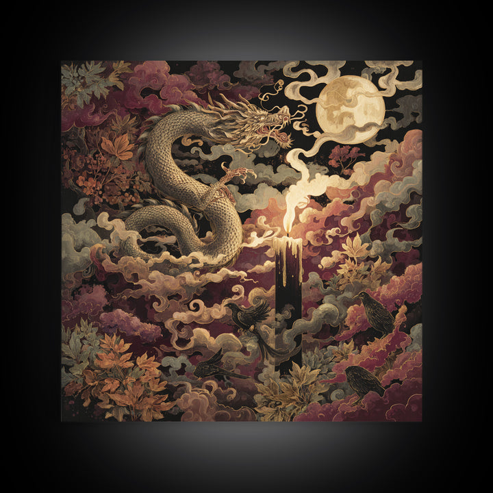 The Candle Smoke Dragon - Surreal Celestial Vision, Macabre Halloween Art, Square Wall Art, Framed Canvas Print, Halloween Home Decor