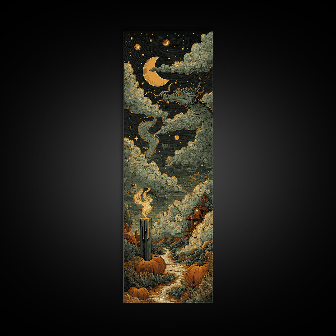 The Candle Smoke Dragon - Surreal Celestial Vision, Halloween Wall Art, Tall Narrow Wall Art, Framed Canvas Print, Halloween Home Decor