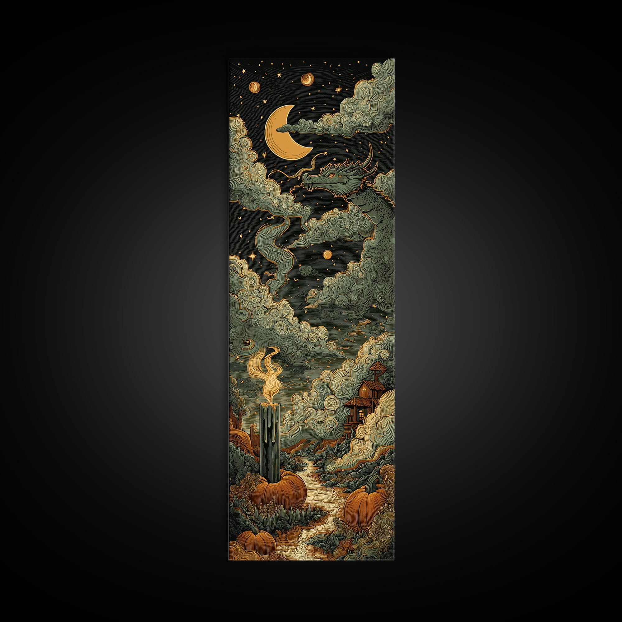 The Candle Smoke Dragon - Surreal Celestial Vision, Halloween Wall Art, Tall Narrow Wall Art, Framed Canvas Print, Halloween Home Decor