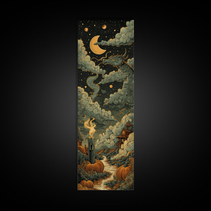 The Candle Smoke Dragon - Surreal Celestial Vision, Halloween Wall Art, Tall Narrow Wall Art, Framed Canvas Print, Halloween Home Decor