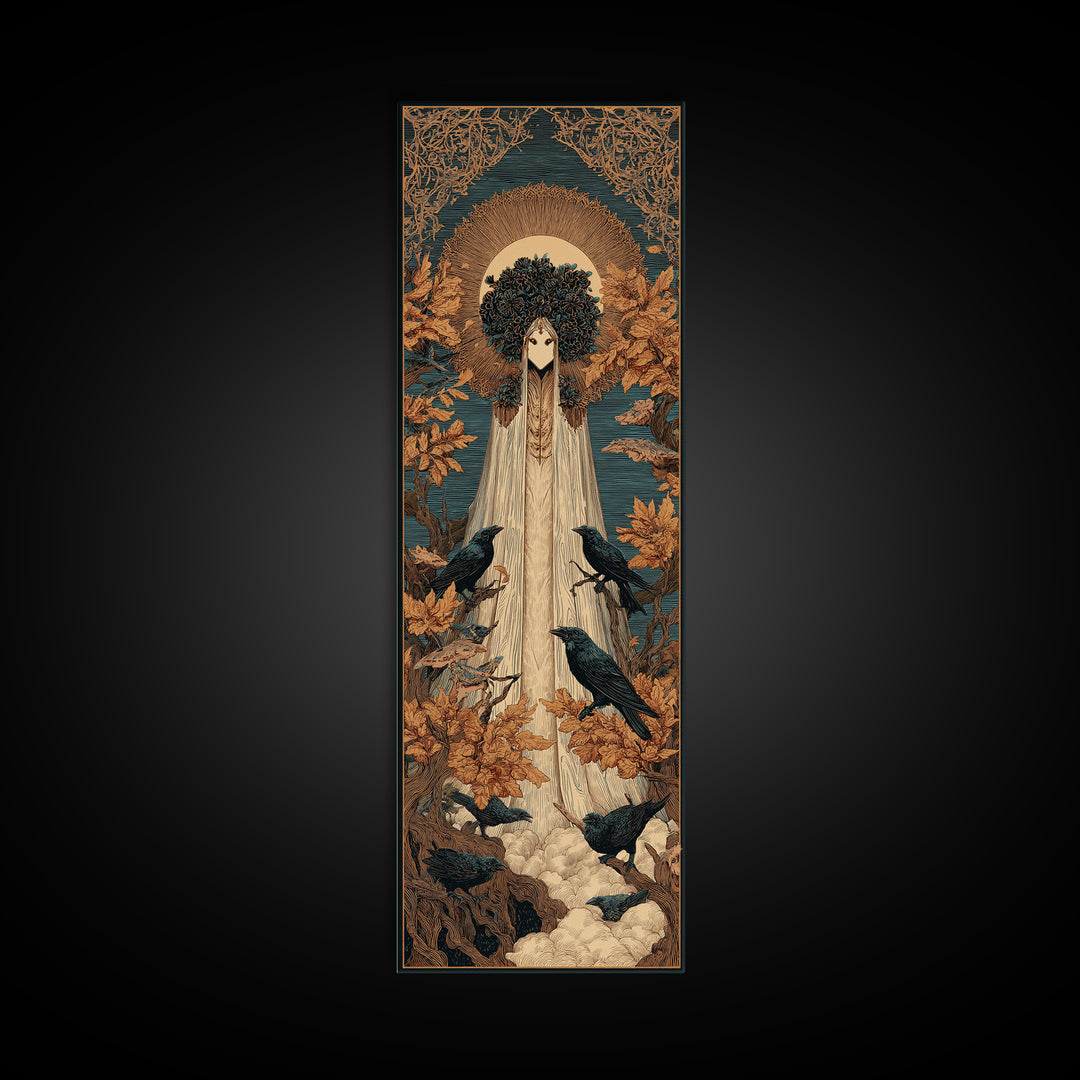 The Mourning Moth Halo - Icon Portrait, Macabre Halloween Art, Tall Narrow Wall Art, Framed Canvas Print, Halloween Home Decor