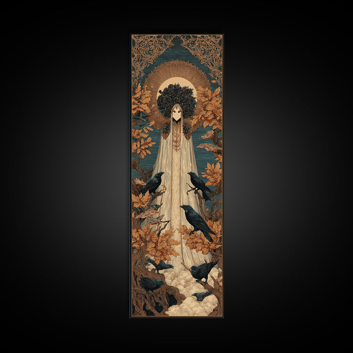 The Mourning Moth Halo - Icon Portrait, Macabre Halloween Art, Tall Narrow Wall Art, Framed Canvas Print, Halloween Home Decor