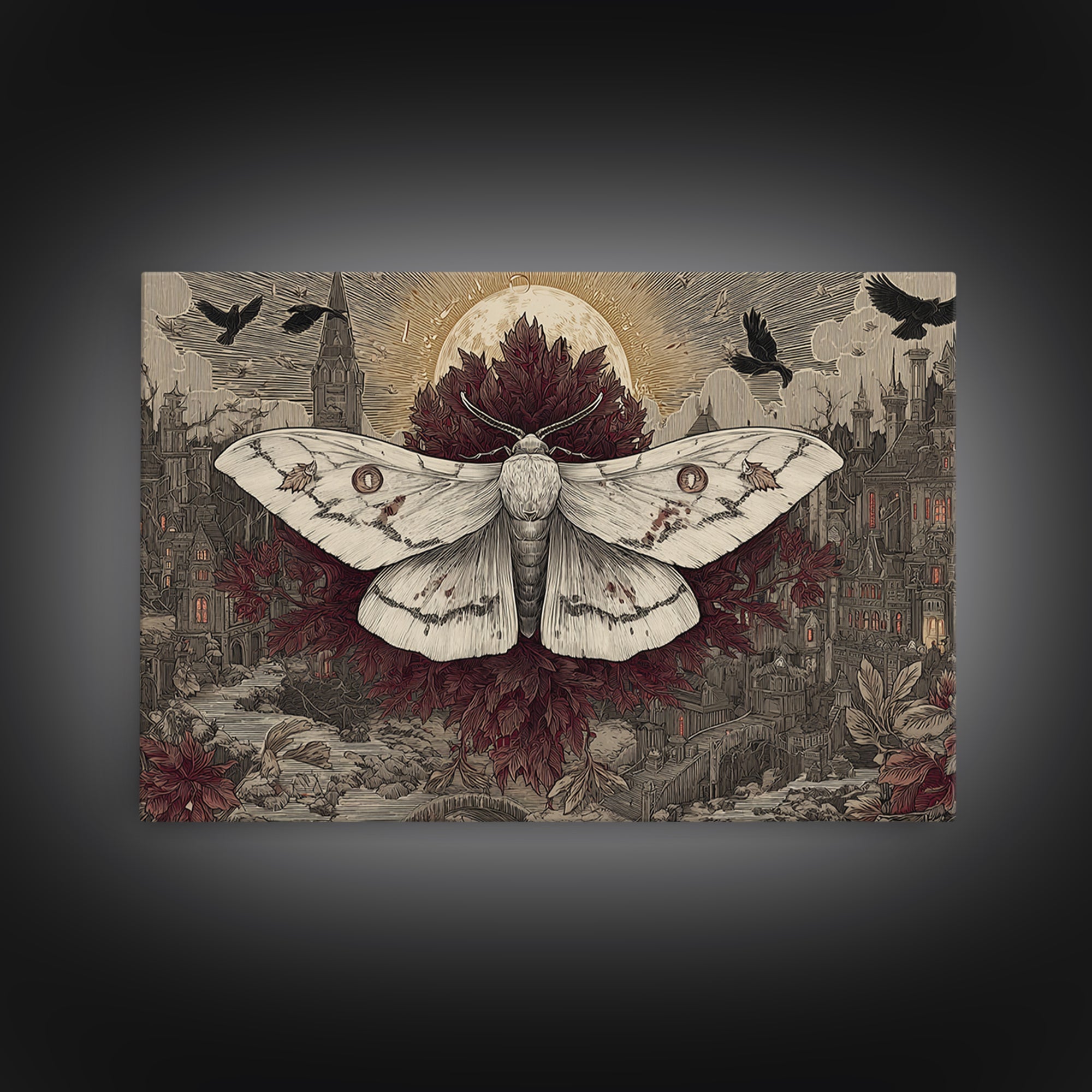 The Mourning Moth Halo - Environmental Panorama, Macabre Halloween Art, Landscape Wall Art, Framed Canvas Print, Halloween Home Decor